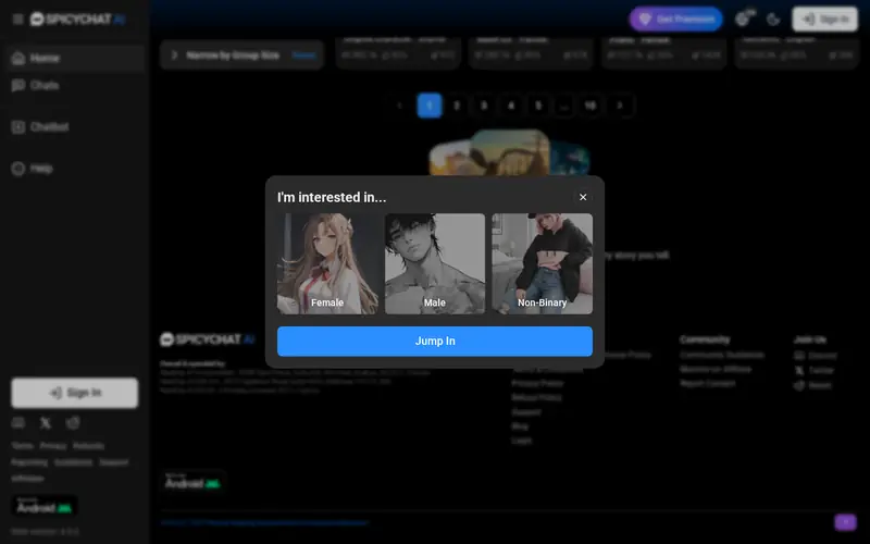 Screenshot of the SpicyChat AI homepage (spicychat.ai)